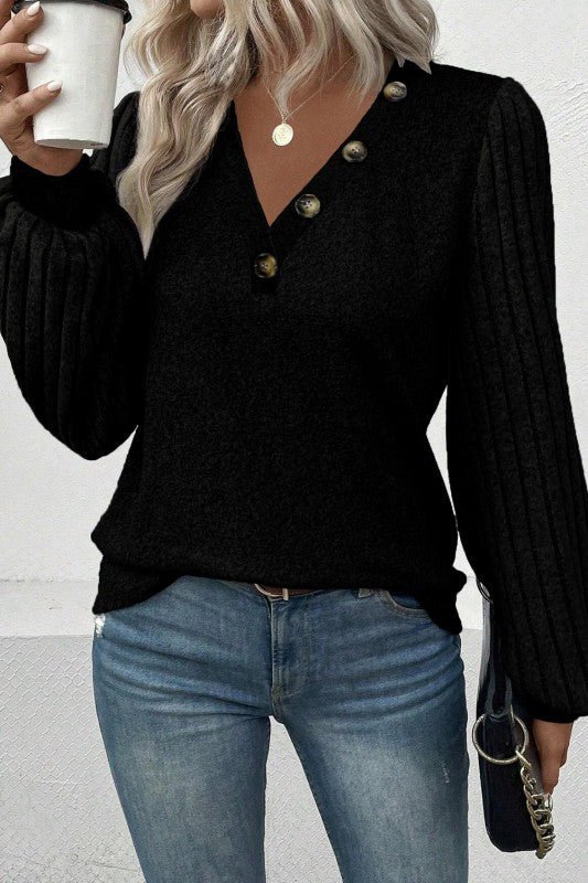 Buttoned V Neck Ribbed Puff Sleeve Top - Che Cose Belle