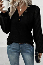 Buttoned V Neck Ribbed Puff Sleeve Top - Che Cose Belle
