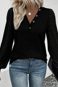 Buttoned V Neck Ribbed Puff Sleeve Top - Che Cose Belle