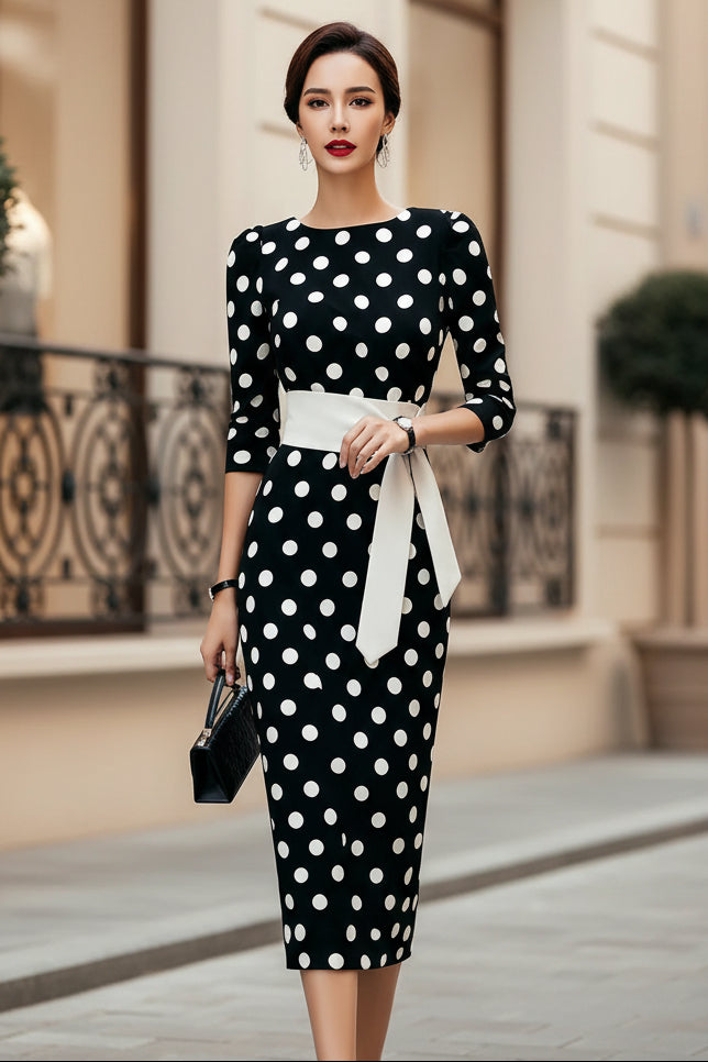 Women's Retro Polka-Dot Bodycon Midi Dress | Belted Waist Slim Fit