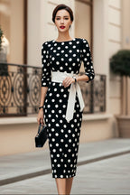 Women's Retro Polka-Dot Bodycon Midi Dress | Belted Waist Slim Fit