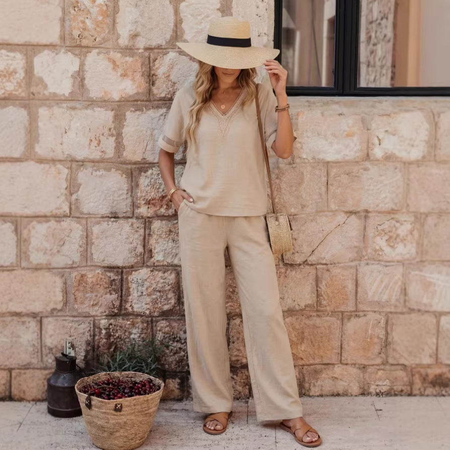 Women's Embroidered V-Neck Top & Wide-Leg Pants Set | Two-Piece Outfit