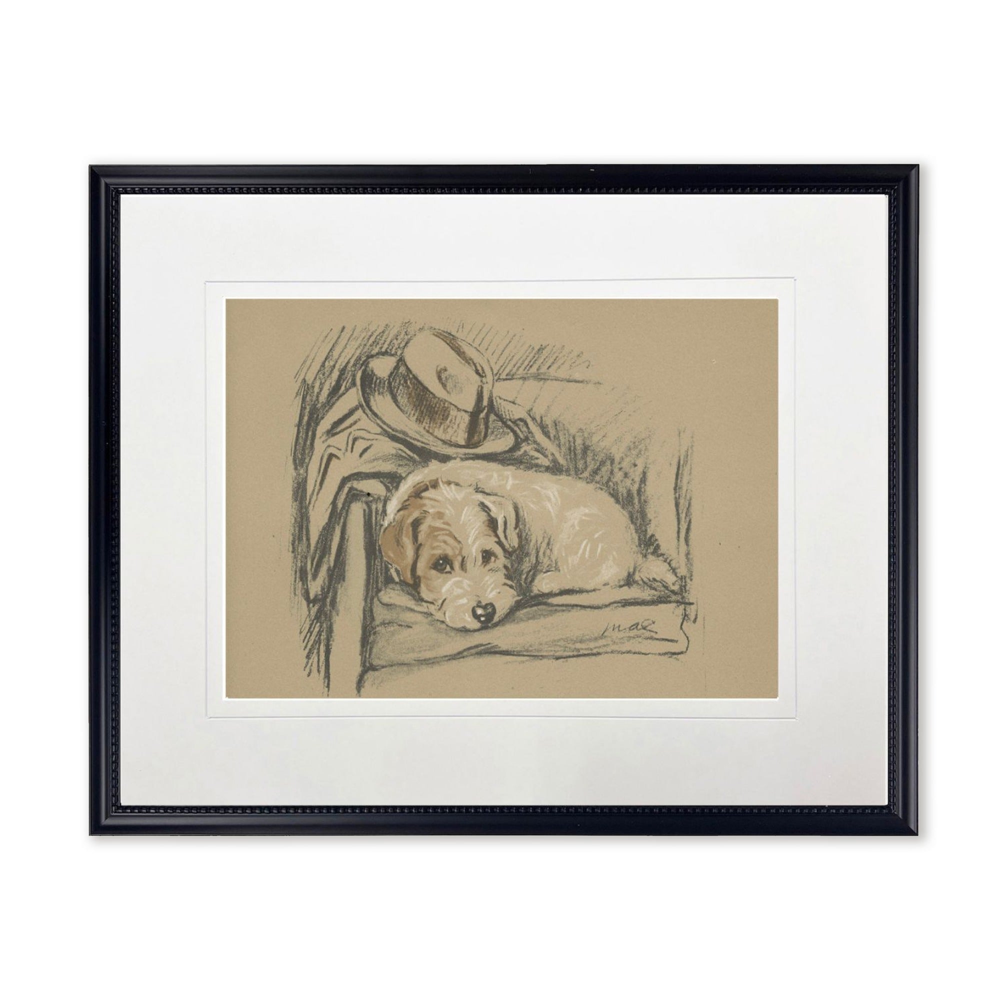 Dog with Hat Sketch Print in Black Frame