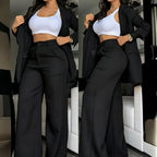 Women's Longline Open-Front Blazer & High-Waist Wide-Leg Trousers Suit Set – 8 Colors