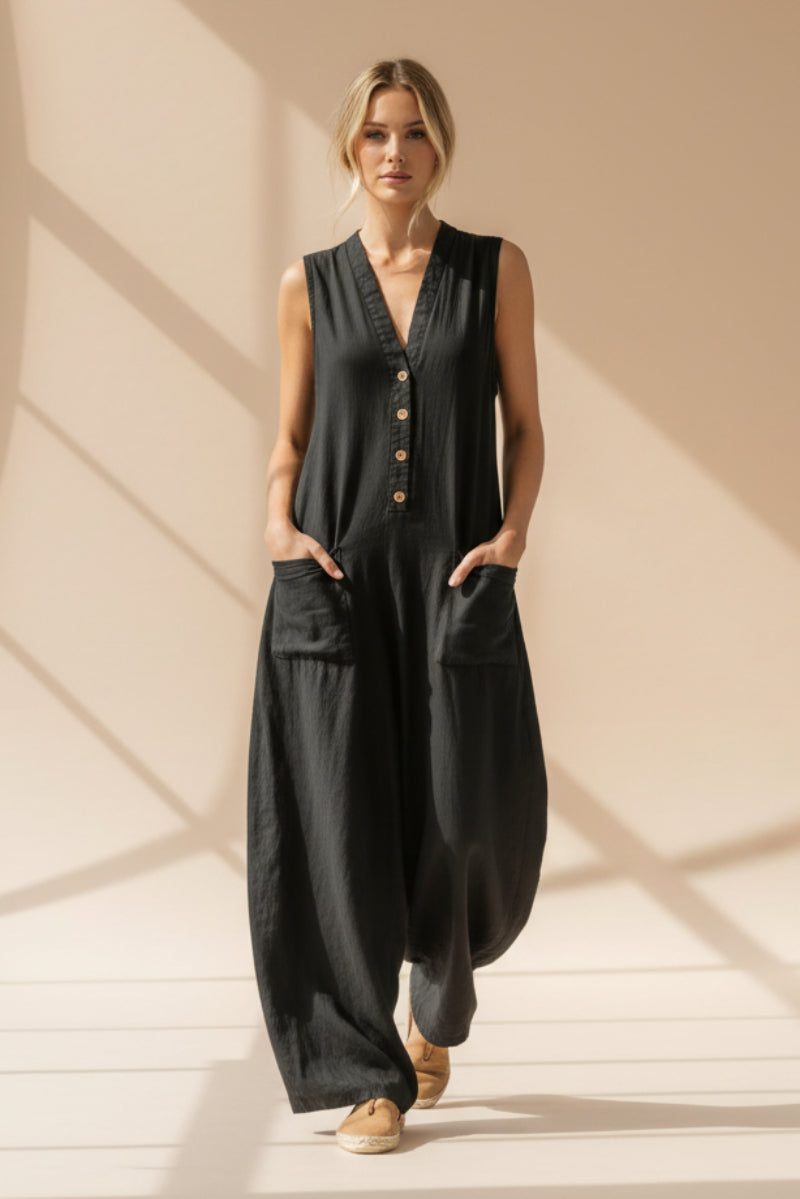 Women's Sleeveless V-Neck Wide-Leg Jumpsuit with Patch Pockets