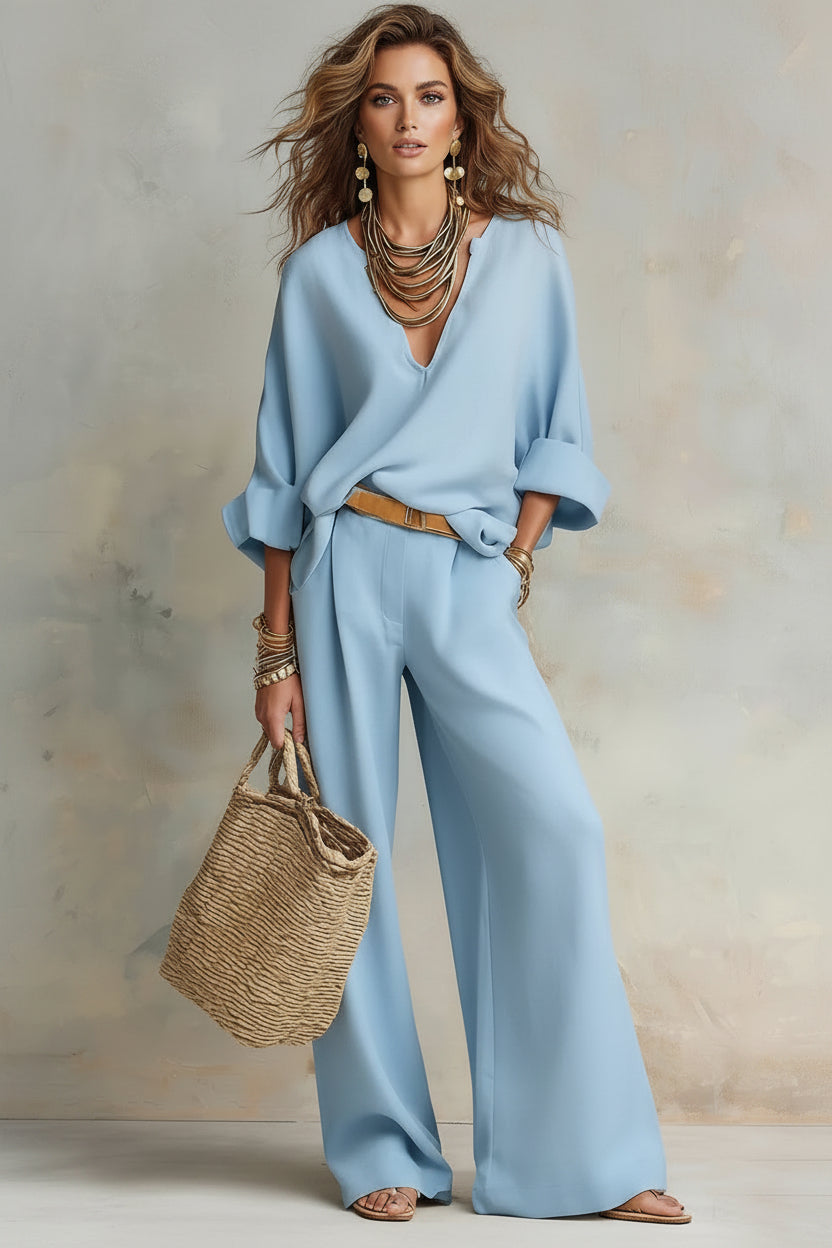 Women's Linen-Style Two-Piece Set – V-Neck Top & Wide-Leg Pants