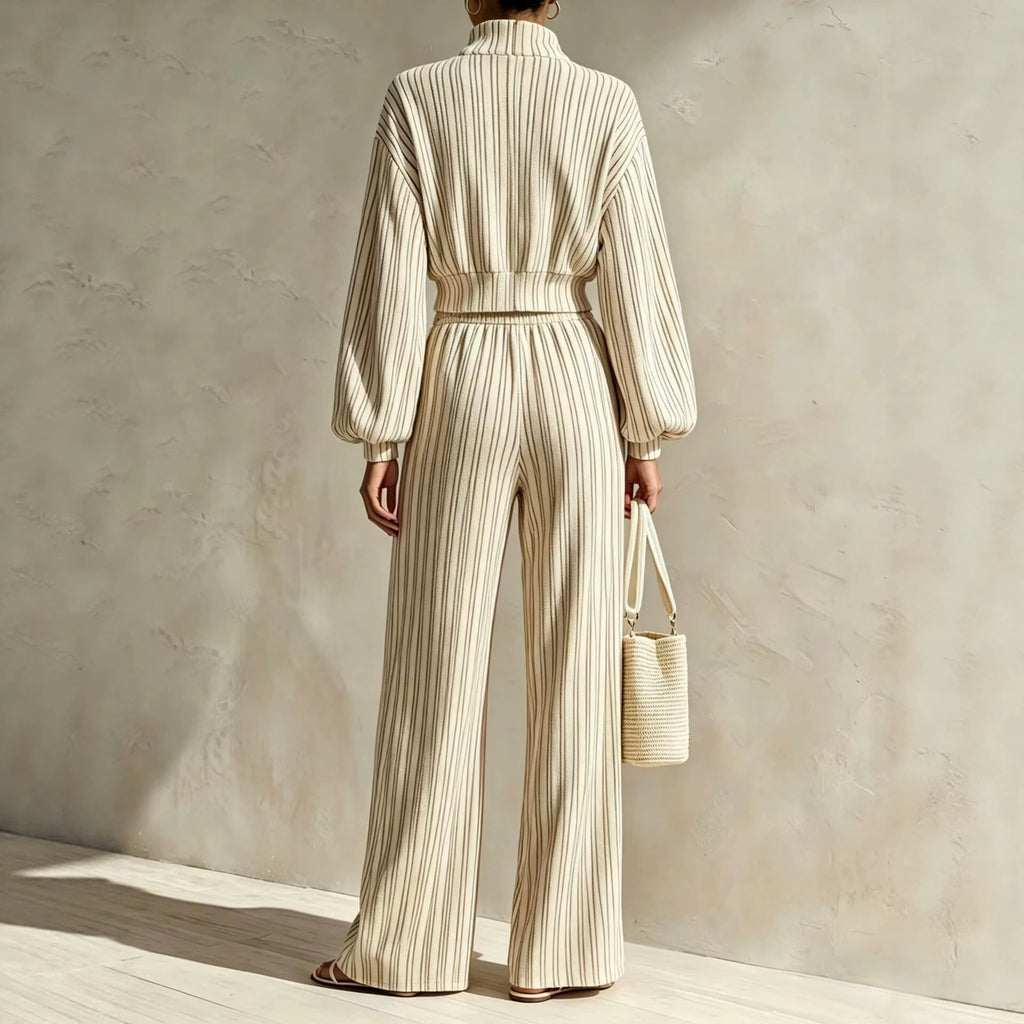 Women's Textured Woven-Stripe Puff-Sleeve Zip Jacket & Wide-Leg Pants Set