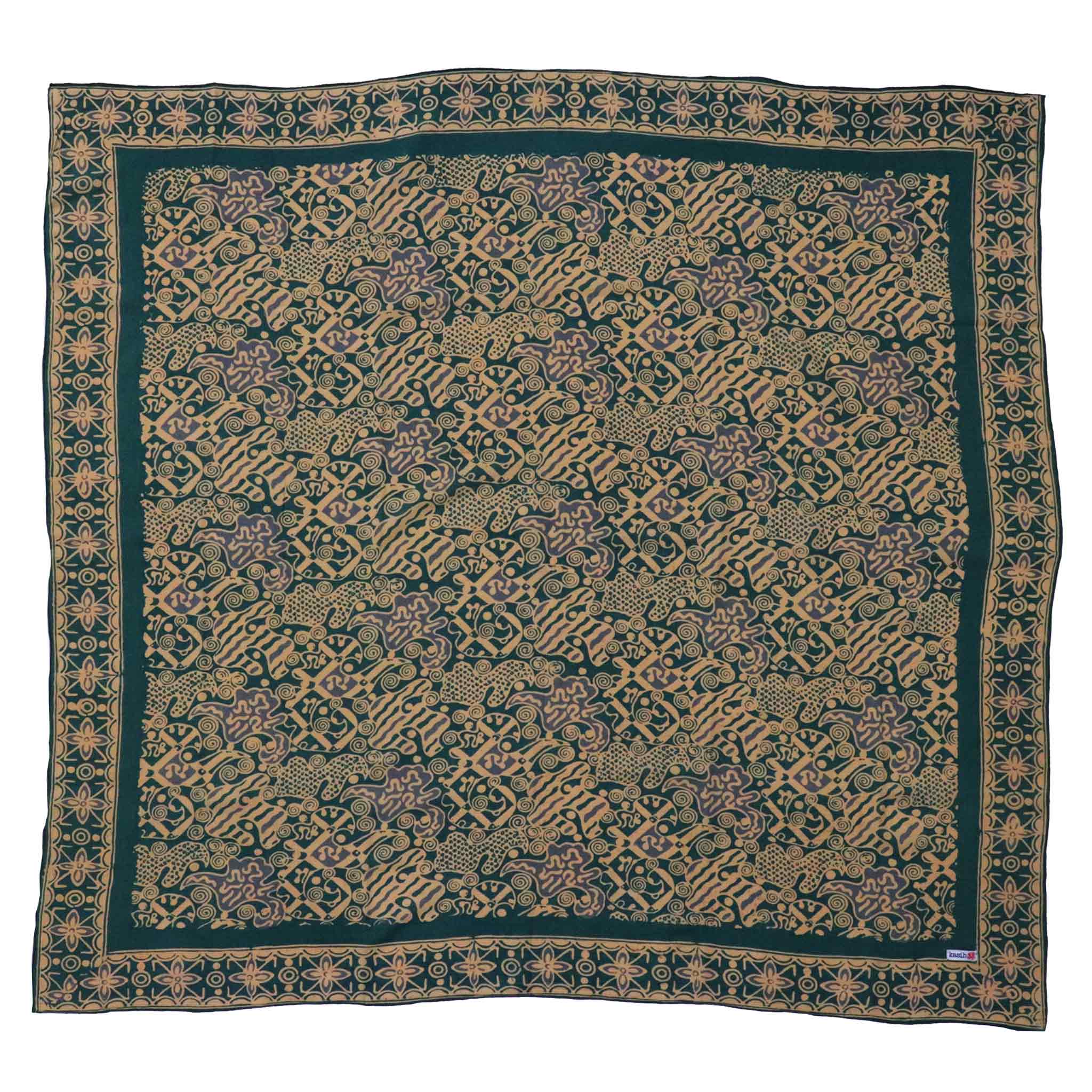 Large 39" Hand Dyed Batik Bandana, 100% Soft Cotton, Abstract Flowers, Teal, Patina Blue