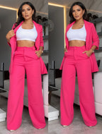 Women's Longline Open-Front Blazer & High-Waist Wide-Leg Trousers Suit Set – 8 Colors