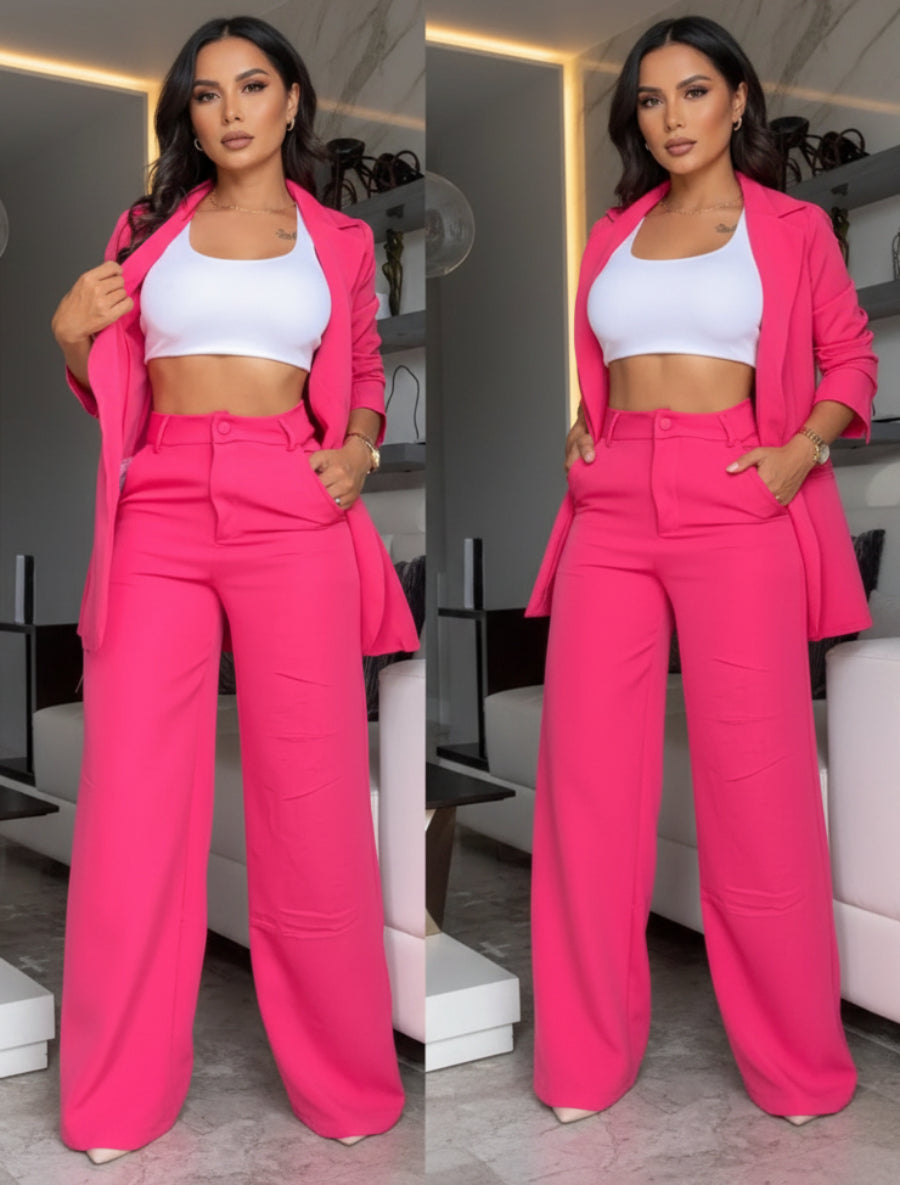 Women's Longline Open-Front Blazer & High-Waist Wide-Leg Trousers Suit Set – 8 Colors