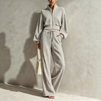 Women's Textured Woven-Stripe Puff-Sleeve Zip Jacket & Wide-Leg Pants Set