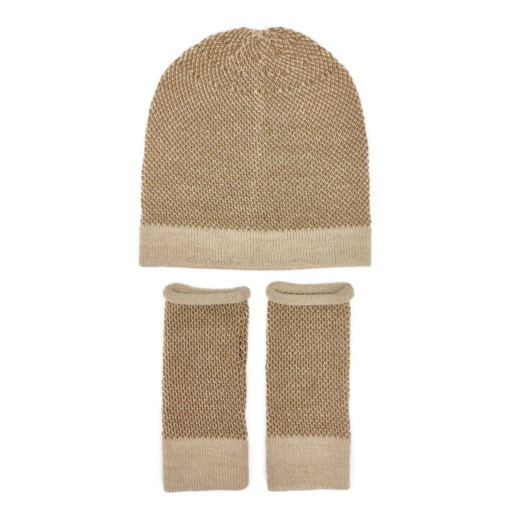 Fingerless Alpaca Gloves Camel Interwoven Long Wrist Warmers With Thumb Slit