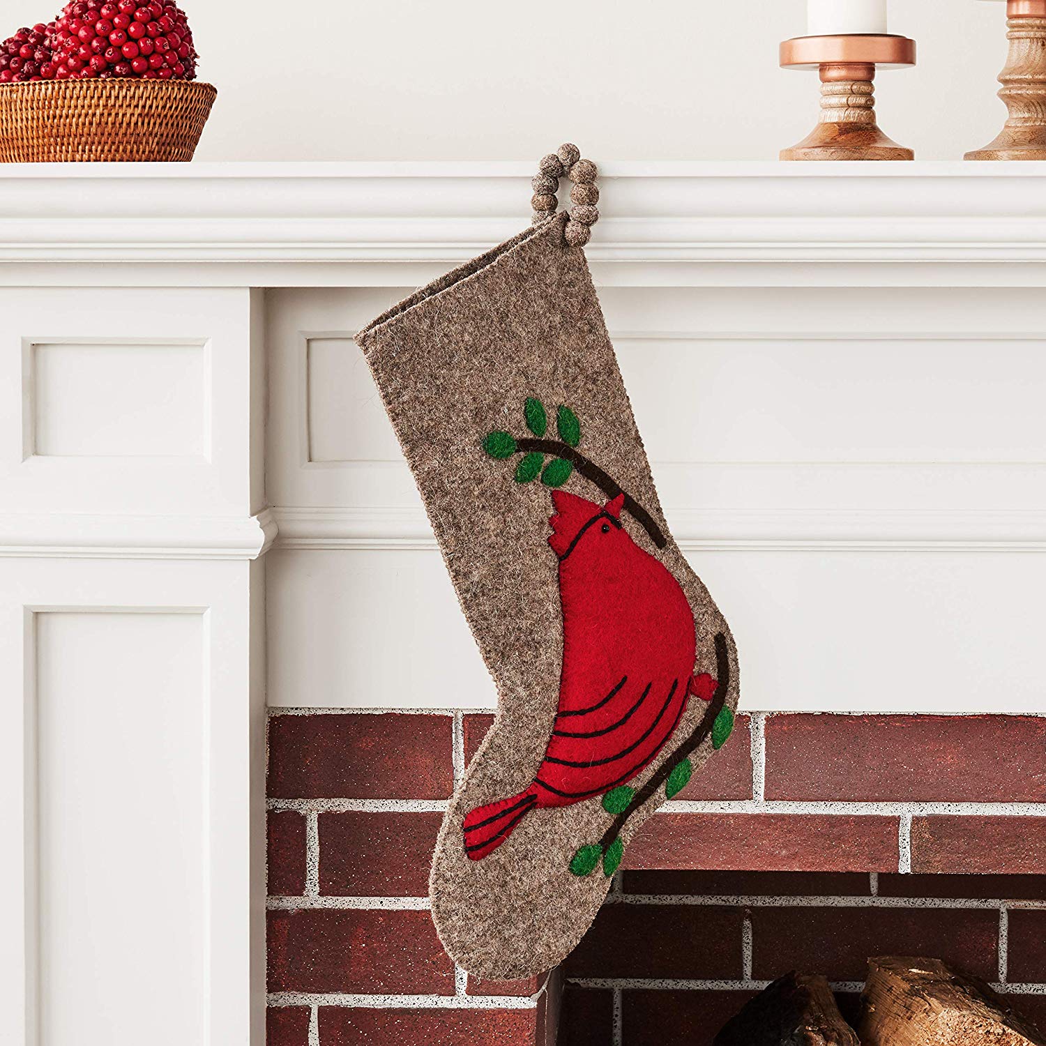 Cardinal Christmas Stocking Hand Felted Wool Gray Arcadia Home - Che Cose Belle