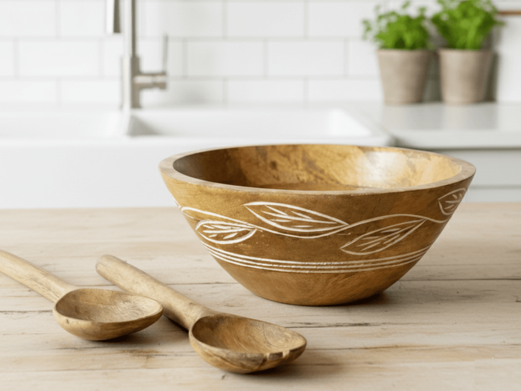 Carved Pattern Mango Wood Bowl - Brown - Che Cose Belle