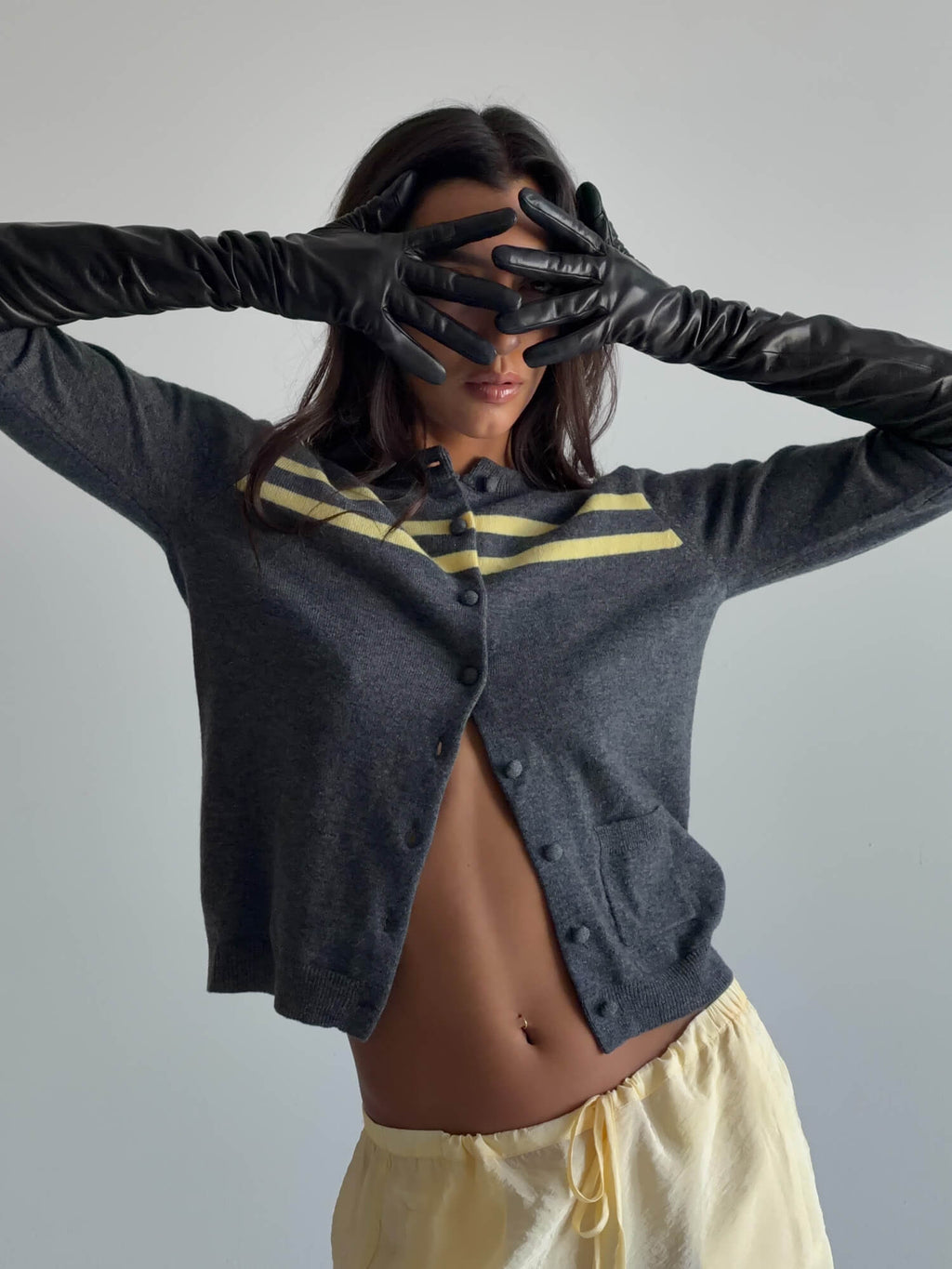Cashmere Wool Stripe Cardigan in Charcoal/Butter - Che Cose Belle