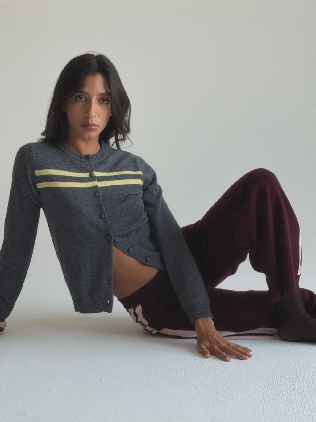 Cashmere Wool Stripe Cardigan in Charcoal/Butter - Che Cose Belle