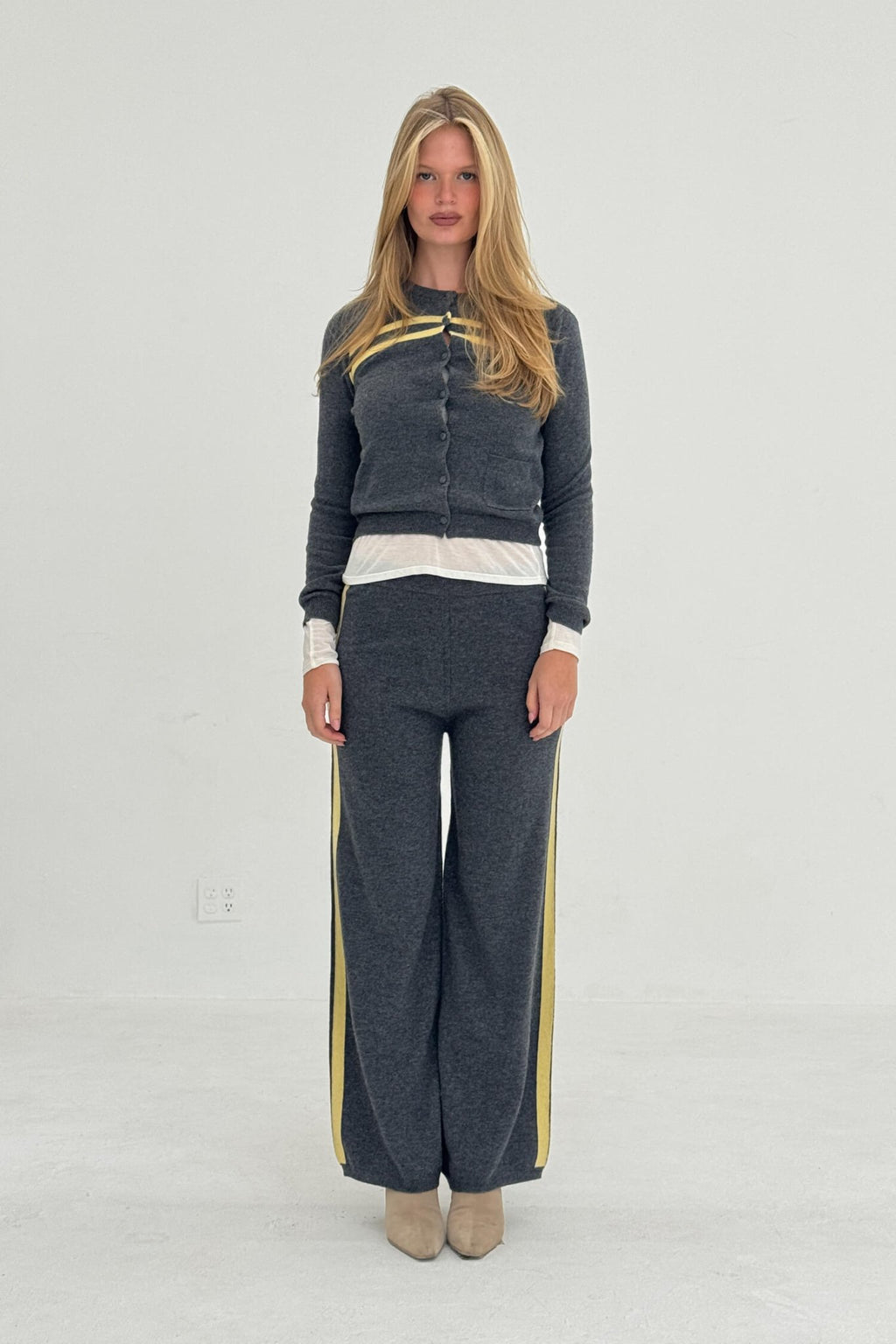 Cashmere Wool Stripe Cardigan in Charcoal/Butter - Che Cose Belle