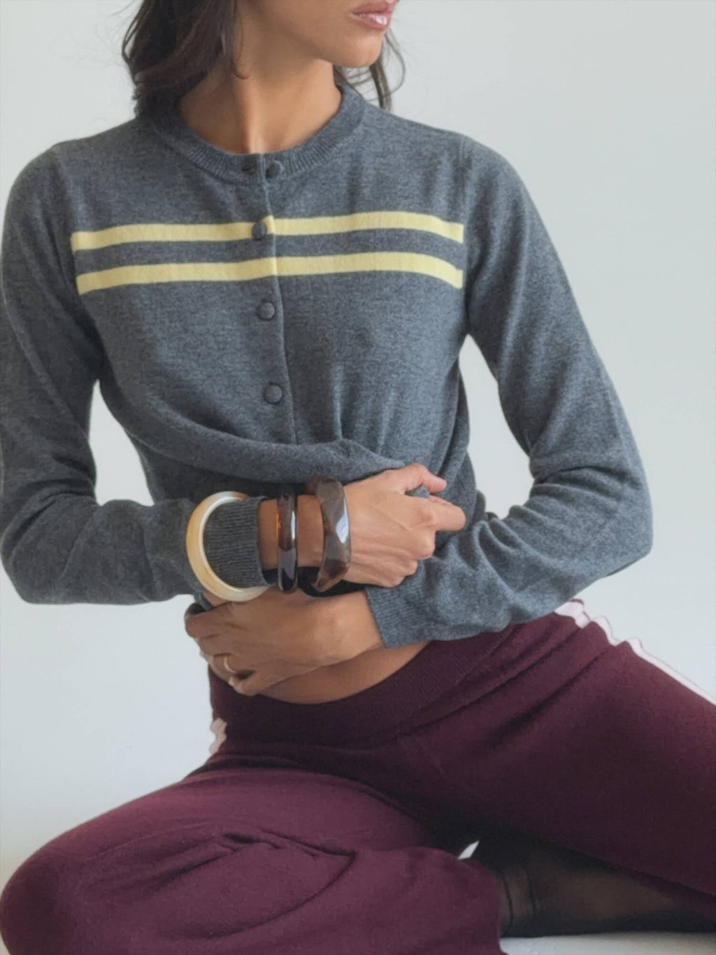 Cashmere Wool Stripe Cardigan in Charcoal/Butter - Che Cose Belle