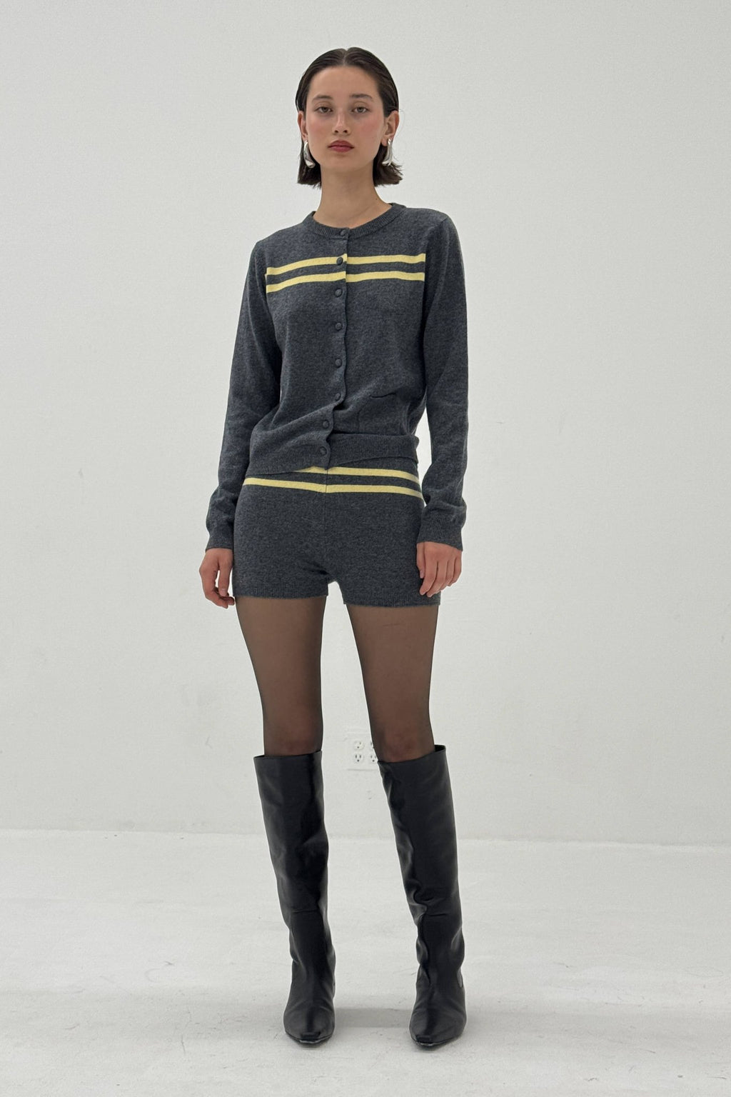 Cashmere Wool Stripe Cardigan in Charcoal/Butter - Che Cose Belle