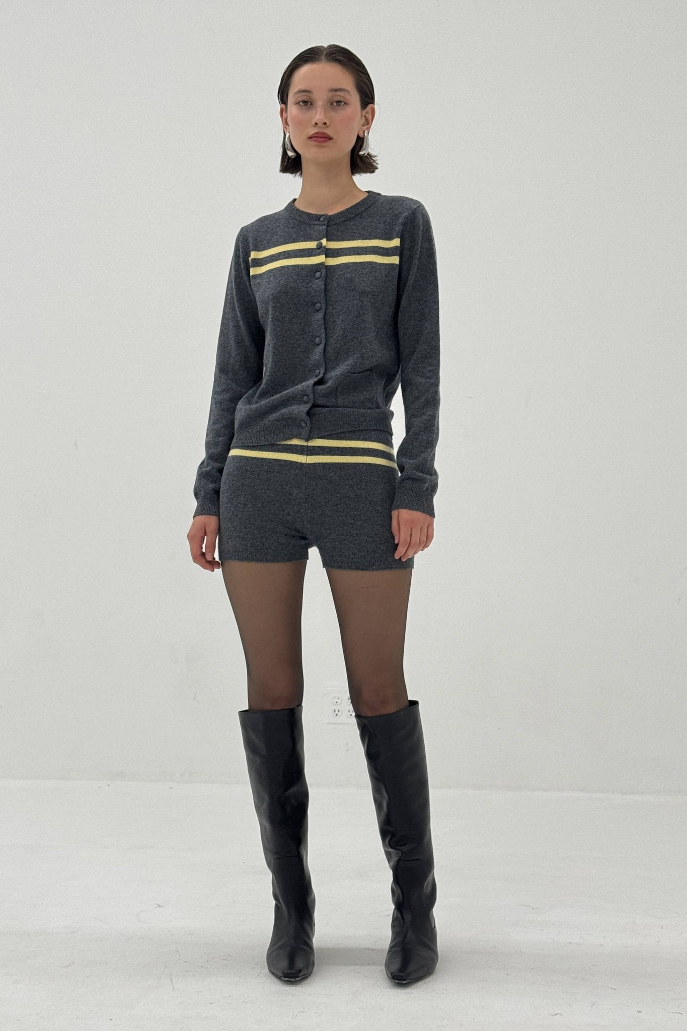 Cashmere Wool Stripe Cardigan in Charcoal/Butter - Che Cose Belle