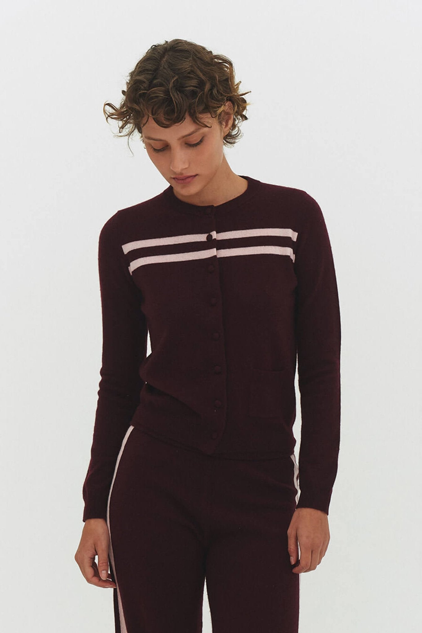 CASHMERE WOOL STRIPE CARDIGAN IN RASPBERRY CREAM - Che Cose Belle