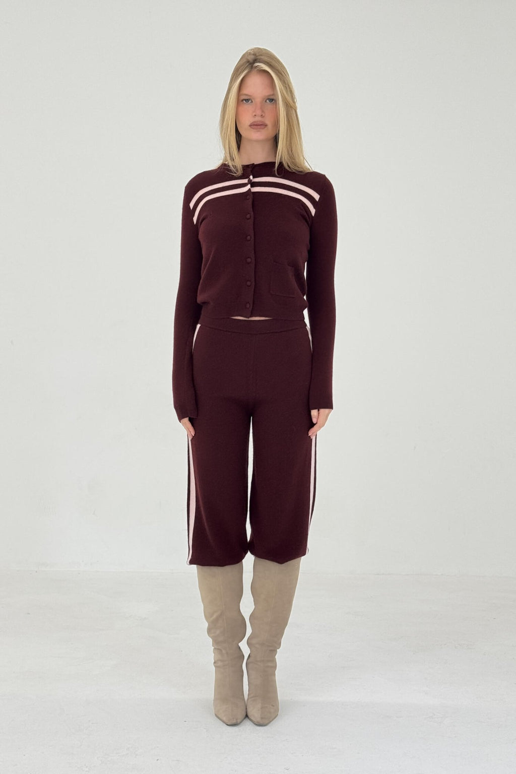 CASHMERE WOOL STRIPE CARDIGAN IN RASPBERRY CREAM - Che Cose Belle