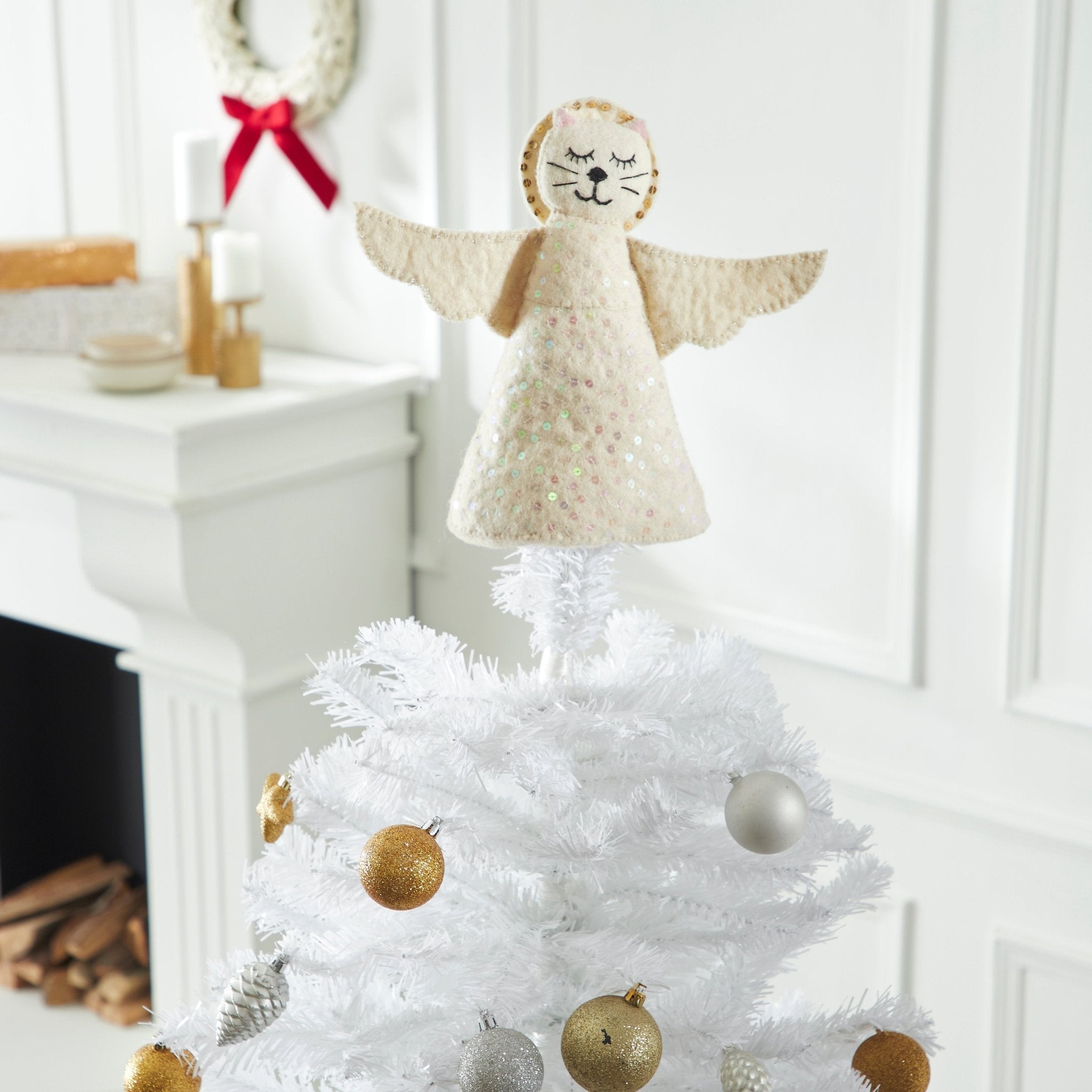 Handmade Cat Angel Felt Christmas Tree Topper Cream Arcadia Home