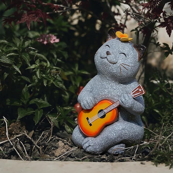 Cat Garden Statue Outdoor Decor, Cat Sculpture with Guitar and Butterfly for Yard Lawn Patio Balcony, Birthday Housewarming Gifts for Mom, Grandma, Women, 8.8 inch, Resin - Che Cose Belle