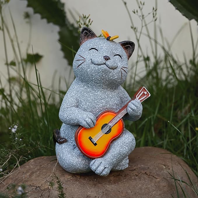 Cat Garden Statue Outdoor Decor, Cat Sculpture with Guitar and Butterfly for Yard Lawn Patio Balcony, Birthday Housewarming Gifts for Mom, Grandma, Women, 8.8 inch, Resin - Che Cose Belle