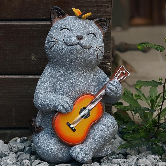 Cat Garden Statue Outdoor Decor, Cat Sculpture with Guitar and Butterfly for Yard Lawn Patio Balcony, Birthday Housewarming Gifts for Mom, Grandma, Women, 8.8 inch, Resin - Che Cose Belle