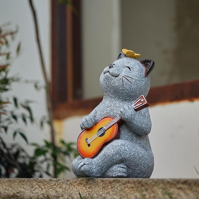 Cat Garden Statue Outdoor Decor, Cat Sculpture with Guitar and Butterfly for Yard Lawn Patio Balcony, Birthday Housewarming Gifts for Mom, Grandma, Women, 8.8 inch, Resin - Che Cose Belle