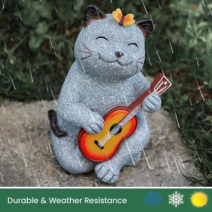 Cat Garden Statue Outdoor Decor, Cat Sculpture with Guitar and Butterfly for Yard Lawn Patio Balcony, Birthday Housewarming Gifts for Mom, Grandma, Women, 8.8 inch, Resin - Che Cose Belle