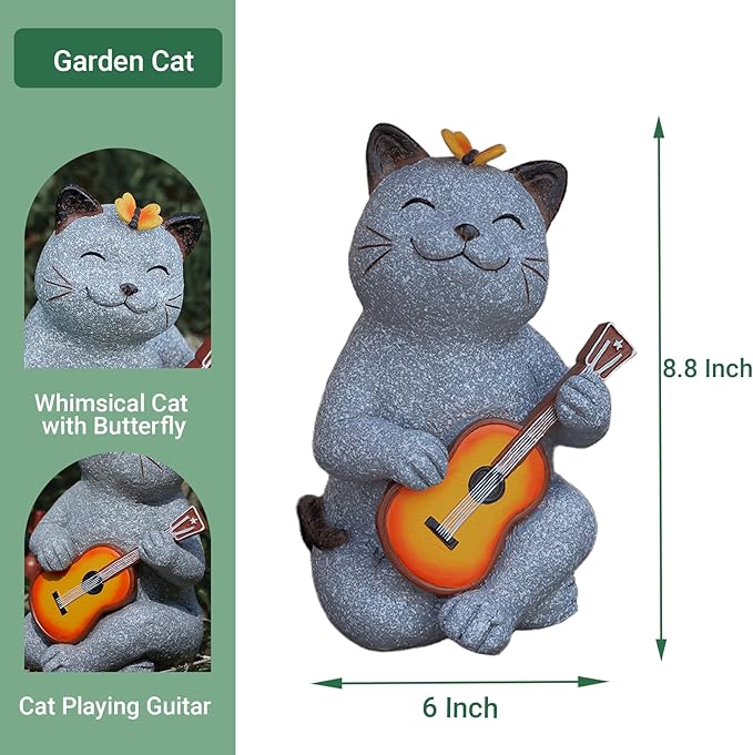Cat Garden Statue Outdoor Decor, Cat Sculpture with Guitar and Butterfly for Yard Lawn Patio Balcony, Birthday Housewarming Gifts for Mom, Grandma, Women, 8.8 inch, Resin - Che Cose Belle