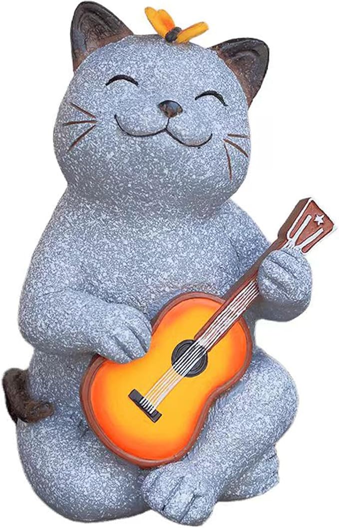 Cat Garden Statue Outdoor Decor, Cat Sculpture with Guitar and Butterfly for Yard Lawn Patio Balcony, Birthday Housewarming Gifts for Mom, Grandma, Women, 8.8 inch, Resin - Che Cose Belle