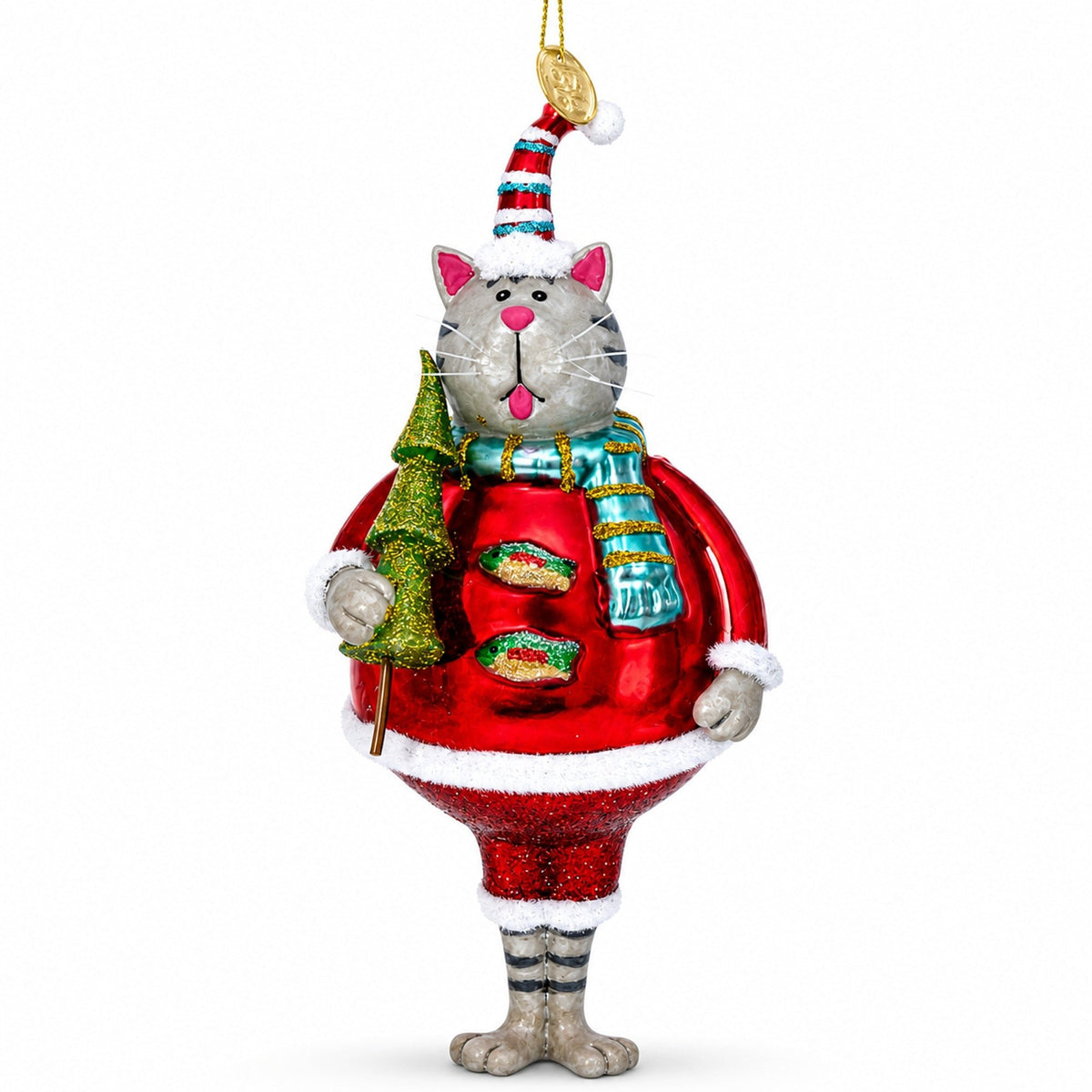 Cat in Fur Hat with Tree Glass Christmas Ornament - Che Cose Belle