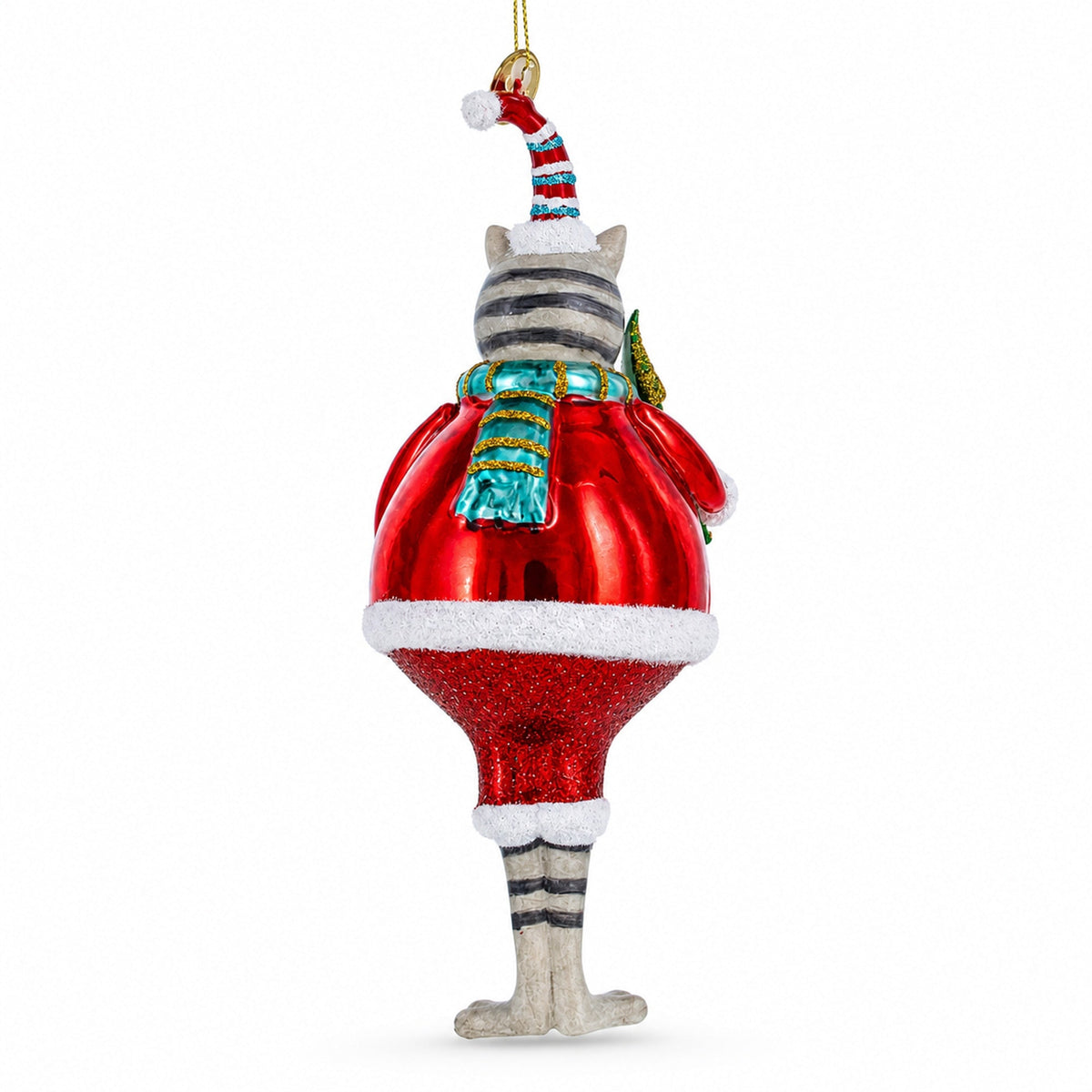 Cat in Fur Hat with Tree Glass Christmas Ornament - Che Cose Belle