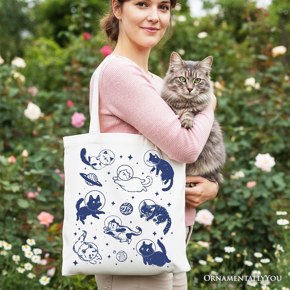 Cats in Space Retro Canvas Tote Bag, Funny Astronaut Kitty Gift Bag with Cosmic Vibes - Che Cose Belle