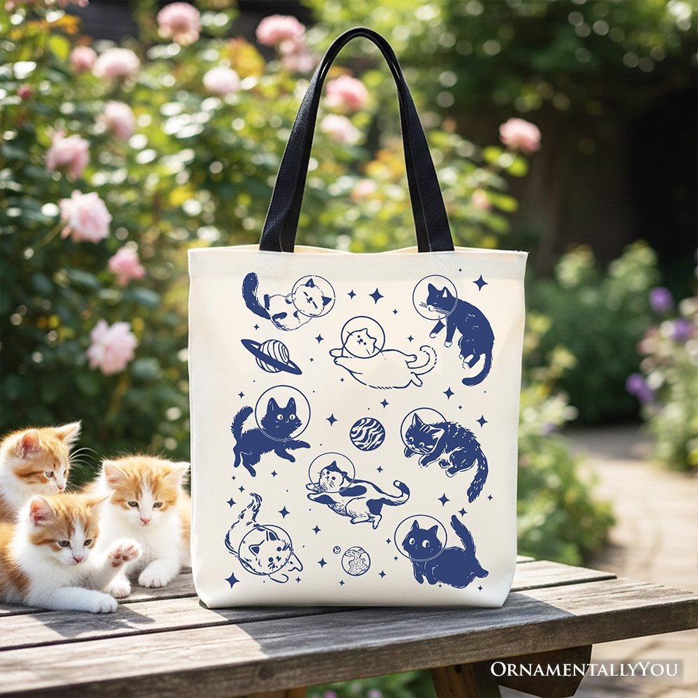 Cats in Space Retro Canvas Tote Bag, Funny Astronaut Kitty Gift Bag with Cosmic Vibes - Che Cose Belle