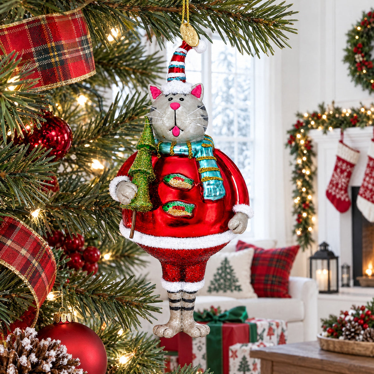 Cat in Fur Hat with Tree Glass Christmas Ornament