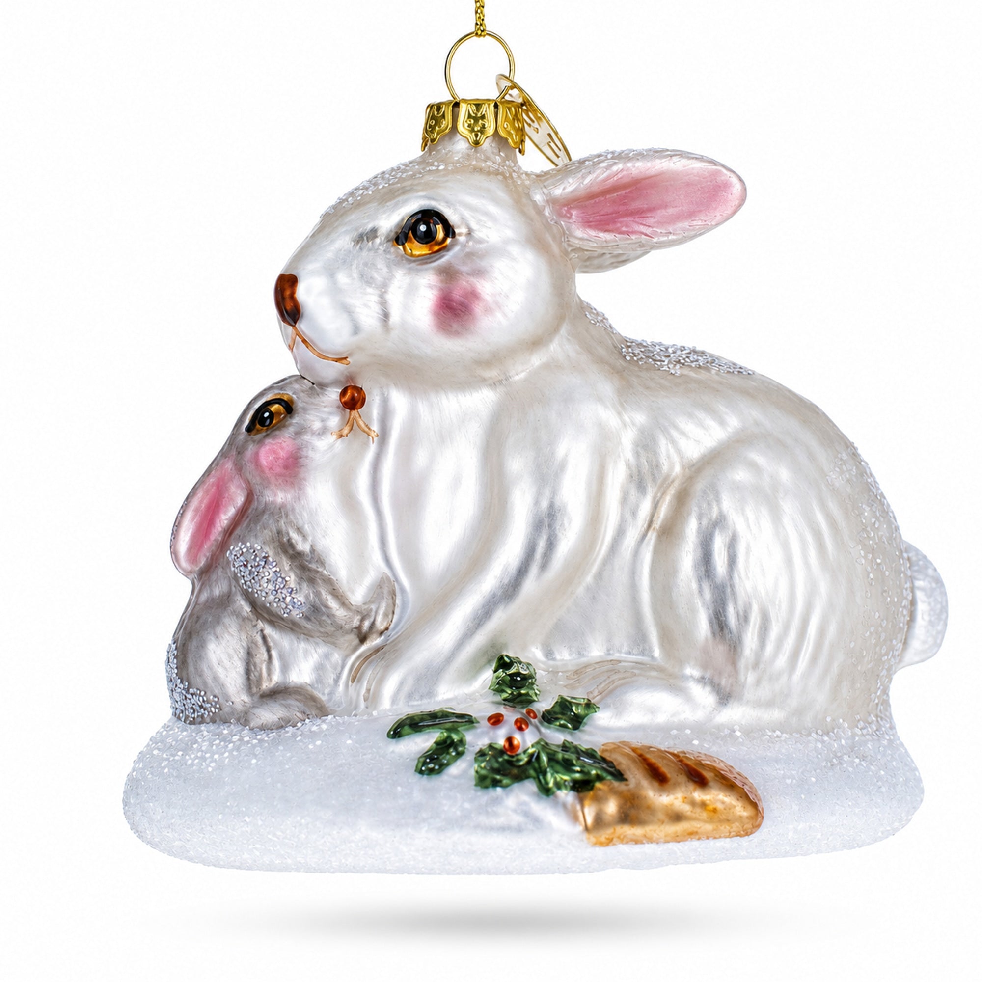Mother and Baby Bunnies Glass Christmas Ornament