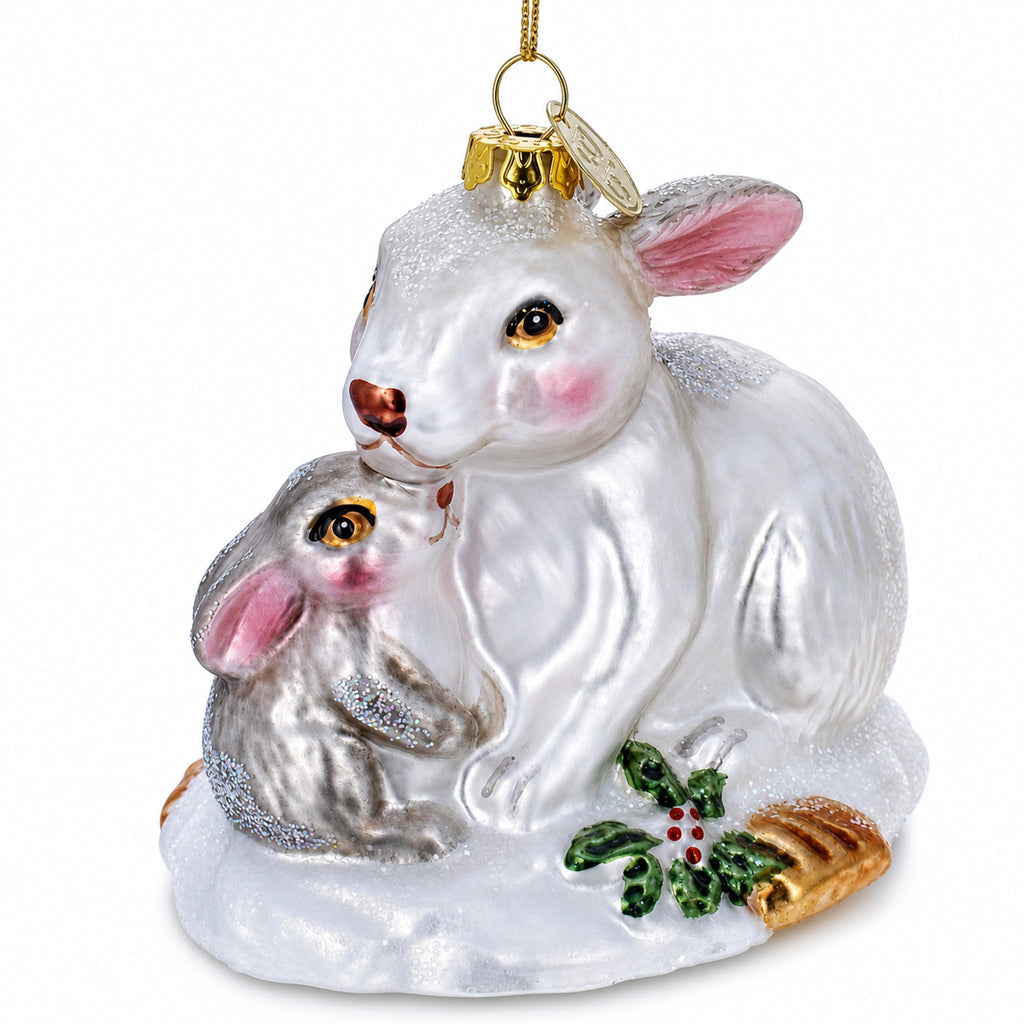 Mother and Baby Bunnies Glass Christmas Ornament
