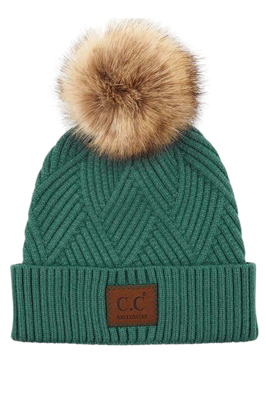 C.C Women's Heather Beanie Hat With Pom And Suede Patch - Che Cose Belle