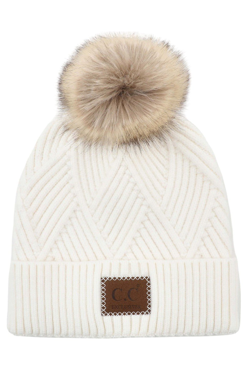 C.C Women's Heather Beanie Hat With Pom And Suede Patch - Che Cose Belle