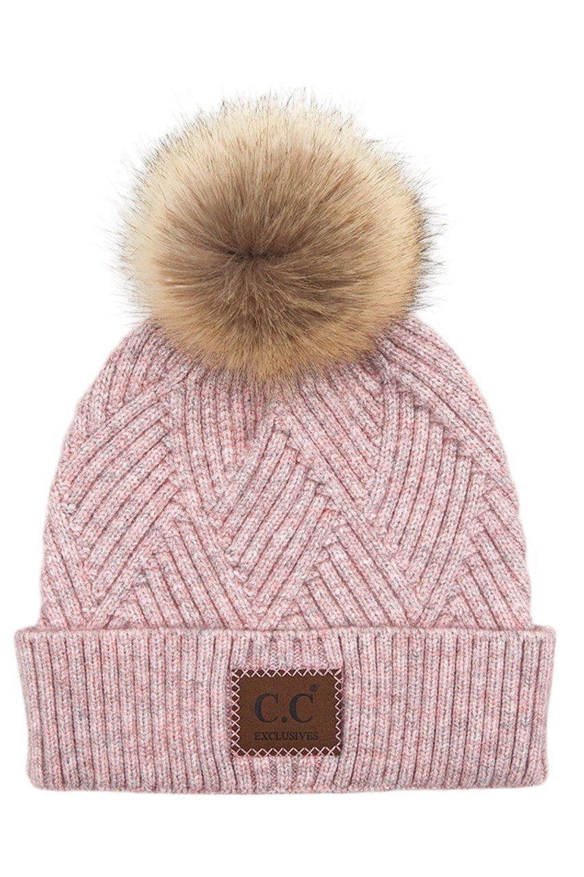 C.C Women's Heather Beanie Hat With Pom And Suede Patch - Che Cose Belle