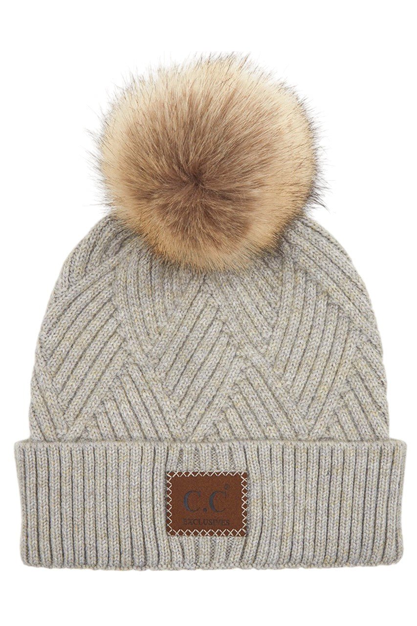 C.C Women's Heather Beanie Hat With Pom And Suede Patch - Che Cose Belle