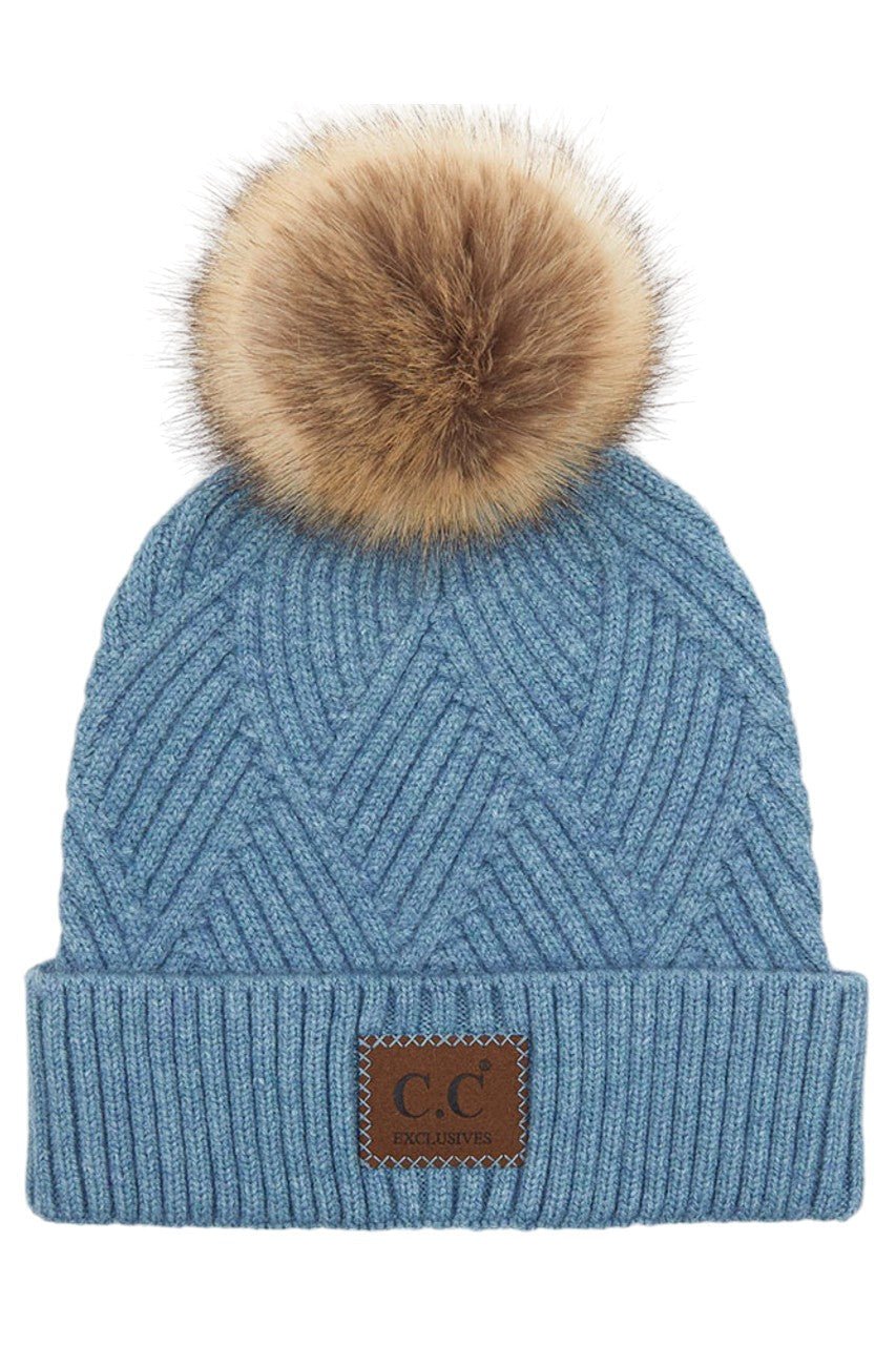 C.C Women's Heather Beanie Hat With Pom And Suede Patch - Che Cose Belle