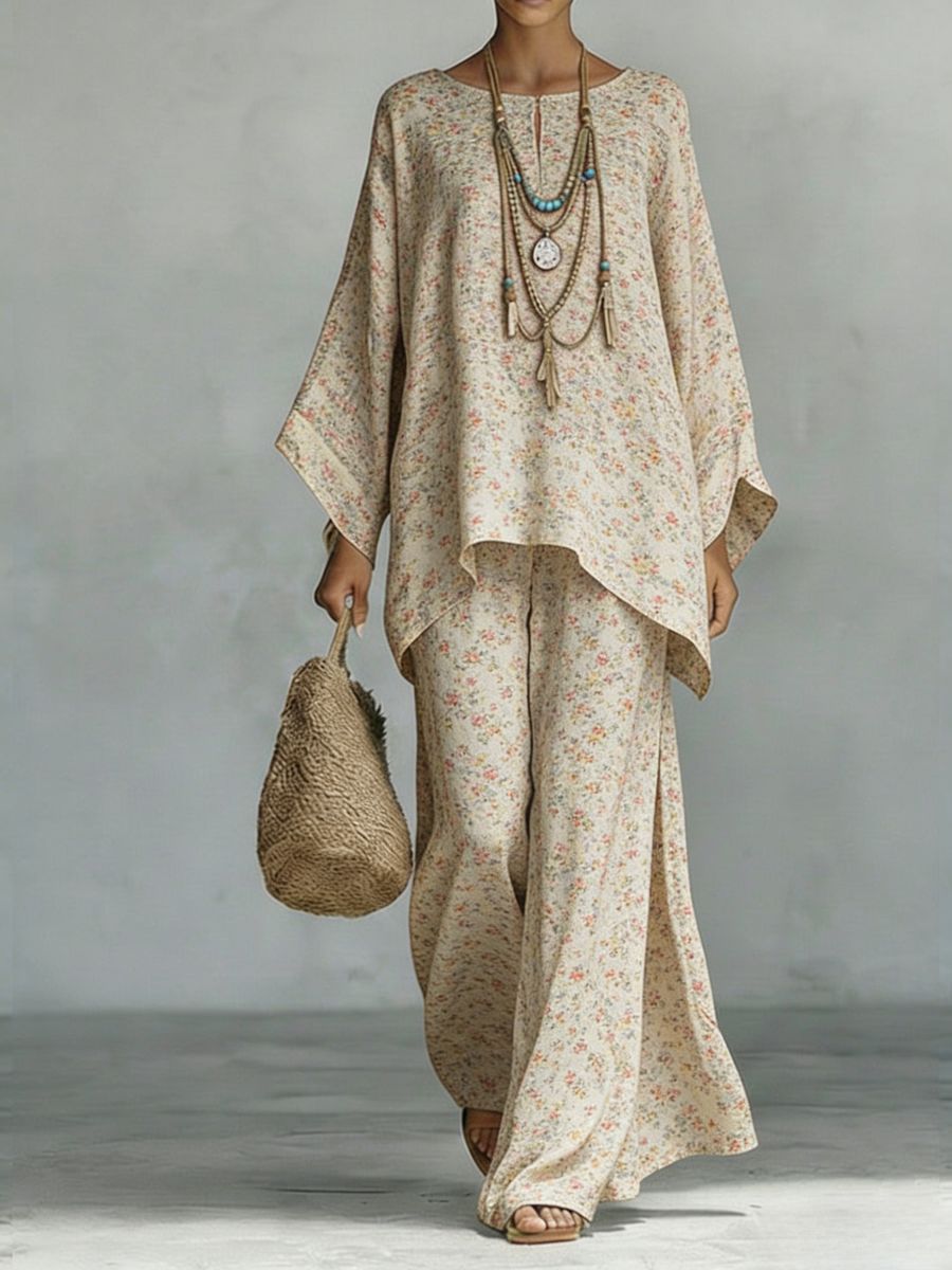 Floral Print Bamboo Linen Two-Piece Set with Wide-Leg Pants