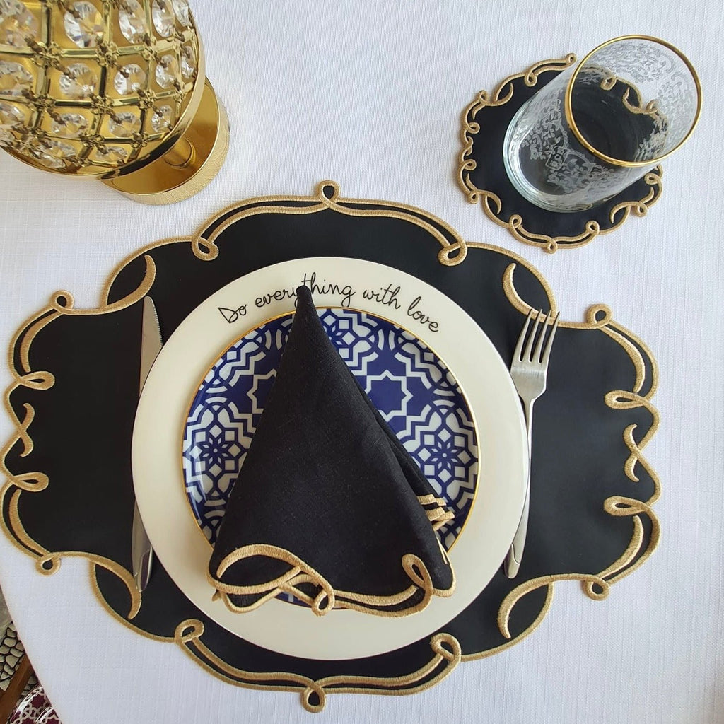 CELESTIA BLACK OVAL FAUX LEATHER PLACEMAT & NAPKIN & COASTER SET (Set Of 4) - Che Cose Belle