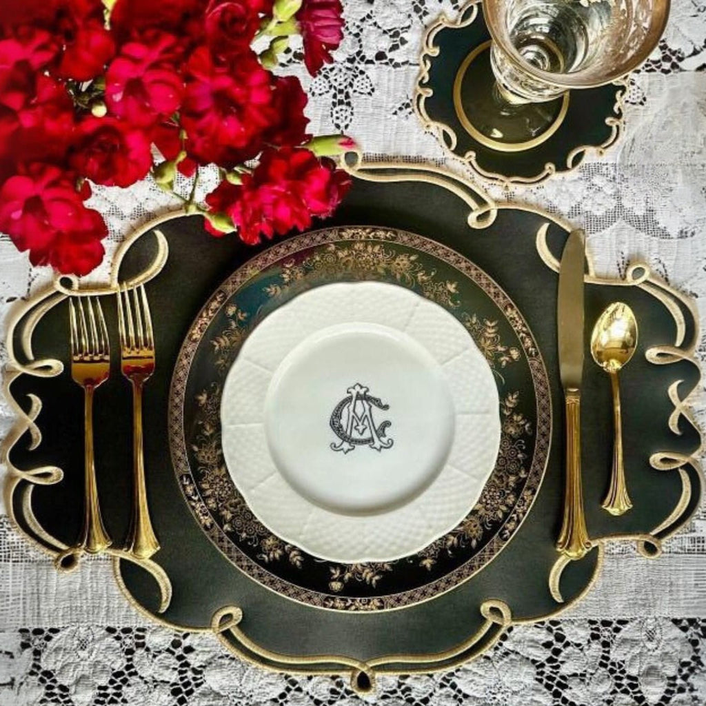 CELESTIA BLACK OVAL FAUX LEATHER PLACEMAT & NAPKIN & COASTER SET (Set Of 4) - Che Cose Belle