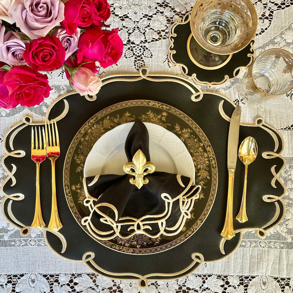 CELESTIA BLACK OVAL FAUX LEATHER PLACEMAT & NAPKIN & COASTER SET (Set Of 4) - Che Cose Belle